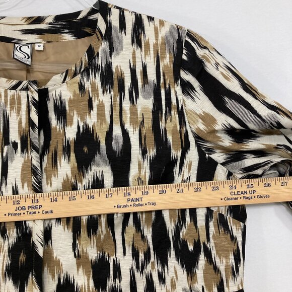 Silk Land size 1X Brown Black Abstract Silk 3/4 Sleeve Button Long Jacket - Picture 9 of 11